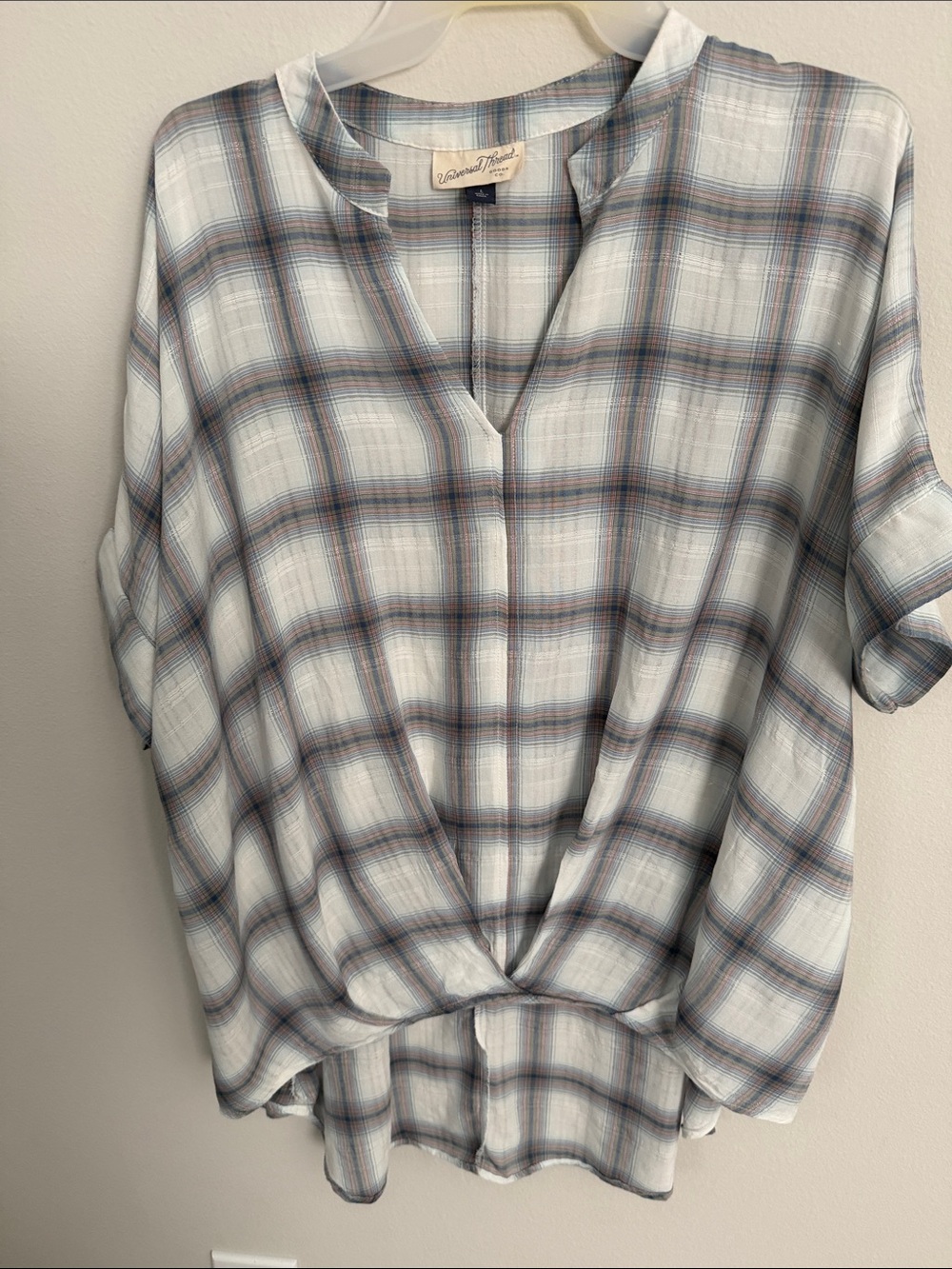 Velvet Heart White Plaid V-Neck Twist-Front Tunic with Blue and Brown Stripes